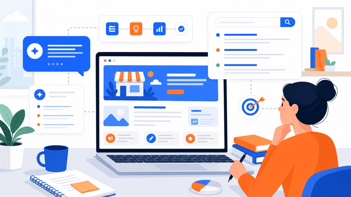 Minh hoạ dùng AI để lên ý tưởng nội dung website, SEO và landing page cho doanh nghiệp nhỏ