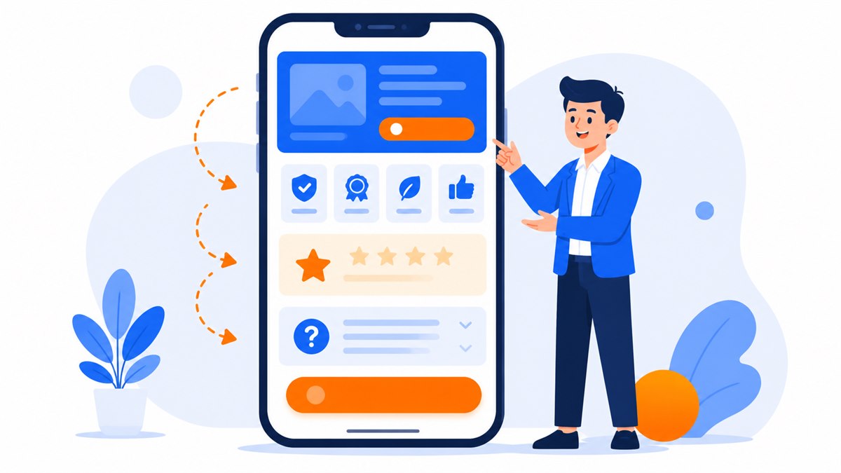 Sơ đồ cấu trúc landing page bán hàng với các phần xếp theo thứ tự từ đầu trang đến nút chốt đơn