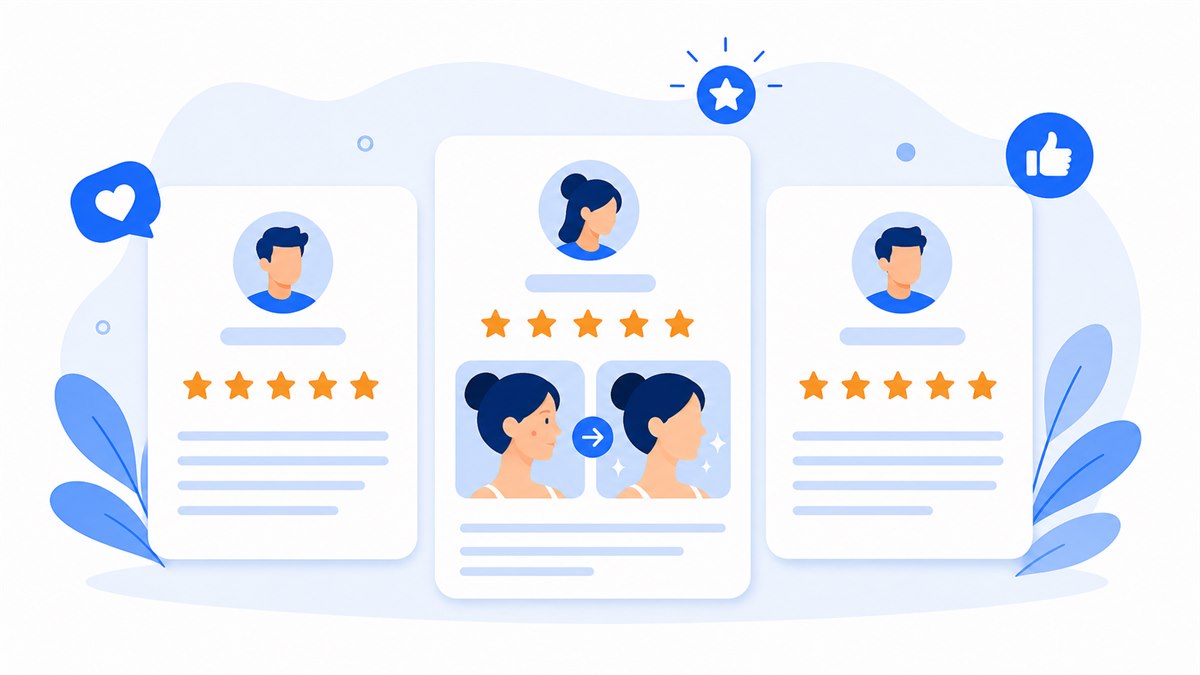 Minh hoạ phần bằng chứng landing page với đánh giá sao và ảnh thật của khách
