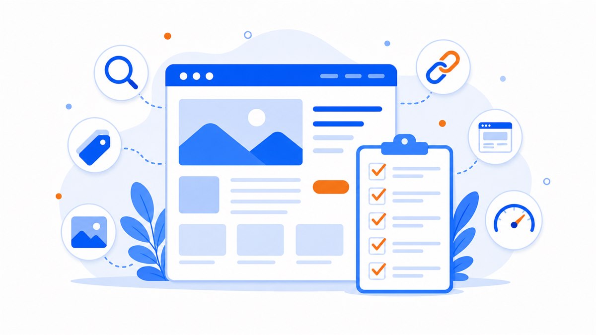 Minh hoạ checklist SEO on-page cho website mới với các mục tiêu đề, ảnh và liên kết