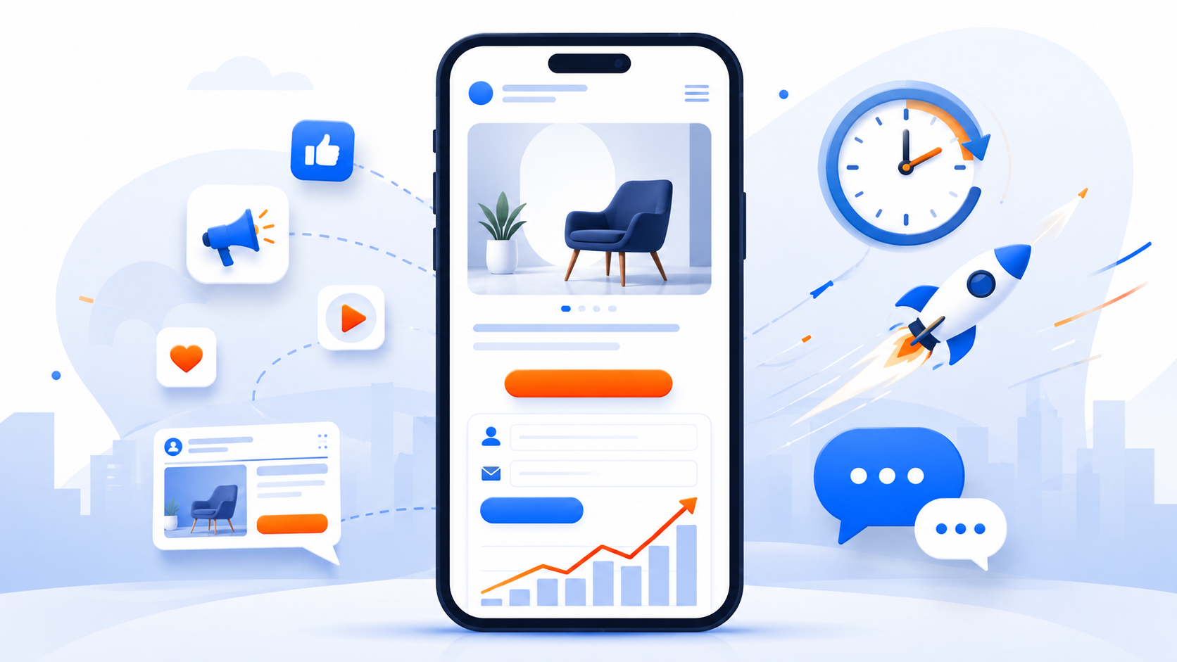 Minh hoạ làm landing page chạy ads gấp với điện thoại hiển thị trang đích, nút hành động và biểu đồ khách để lại thông tin