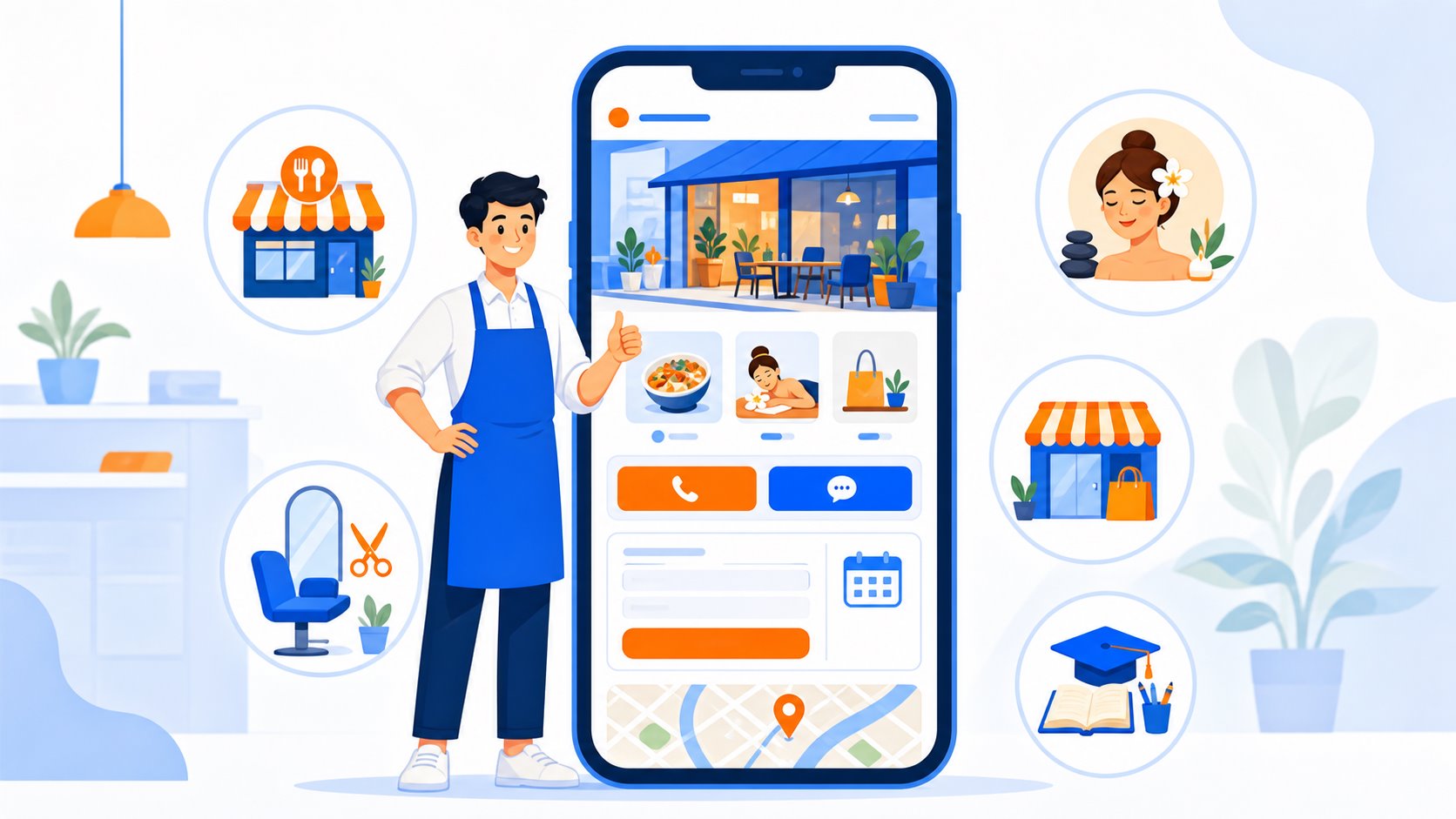 Minh hoạ làm website cho hộ kinh doanh với điện thoại hiển thị trang dịch vụ, bản đồ, Zalo và nút gọi nhanh