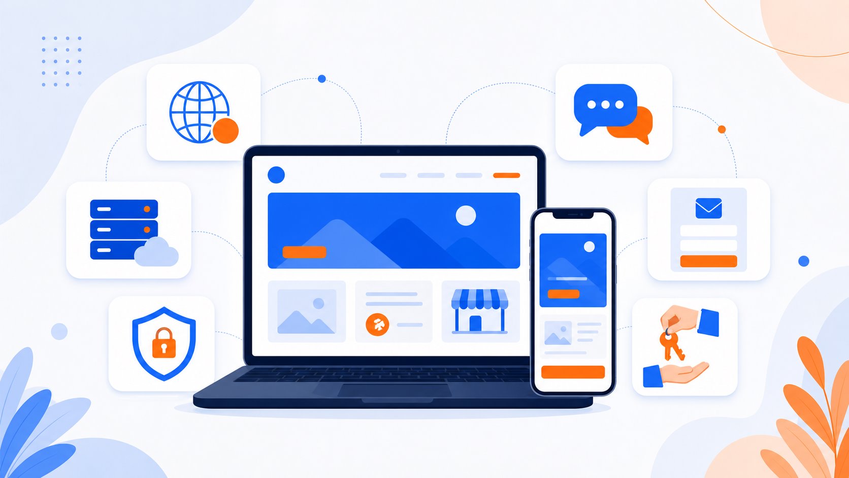 Minh hoạ gói website trọn gói cho hộ kinh doanh gồm tên miền, hosting, mobile và kênh liên hệ