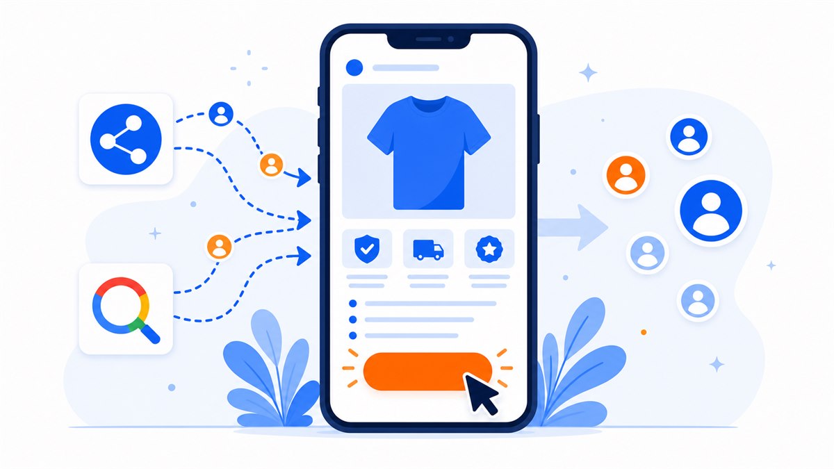 Minh hoạ landing page quảng cáo hiển thị trên điện thoại với nút kêu gọi hành động và biểu tượng Facebook, Google