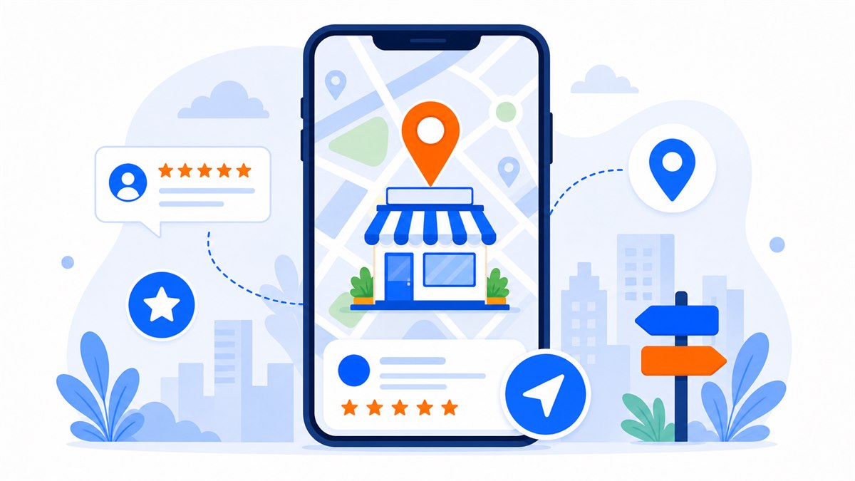 Minh hoạ điện thoại đưa doanh nghiệp lên Google Maps với ghim vị trí cửa hàng địa phương