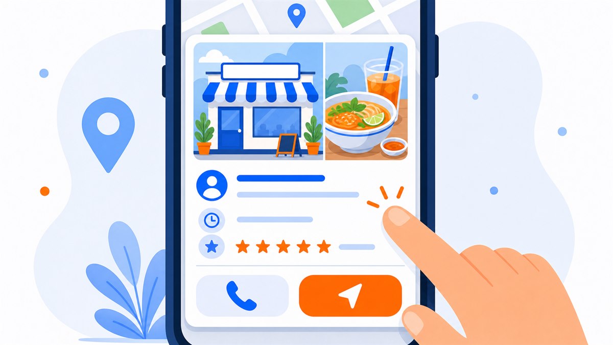 Minh hoạ hồ sơ Google Doanh Nghiệp với ảnh cửa hàng, giờ mở cửa và sao đánh giá