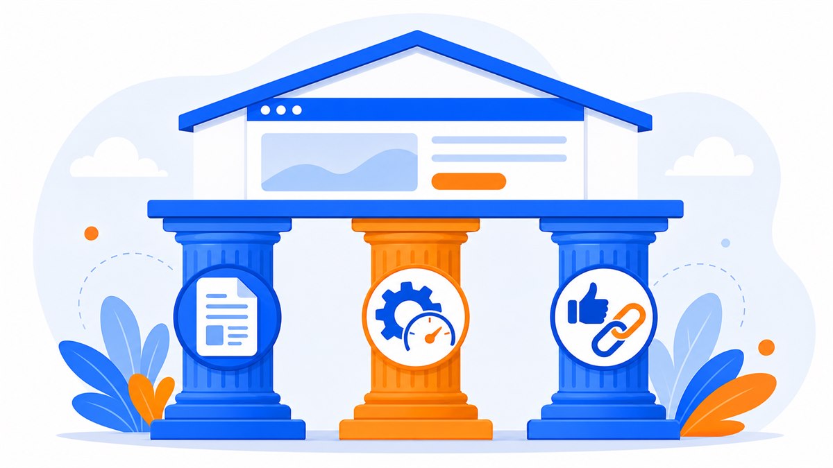 Minh hoạ ba trụ cột của SEO: nội dung, kỹ thuật và uy tín
