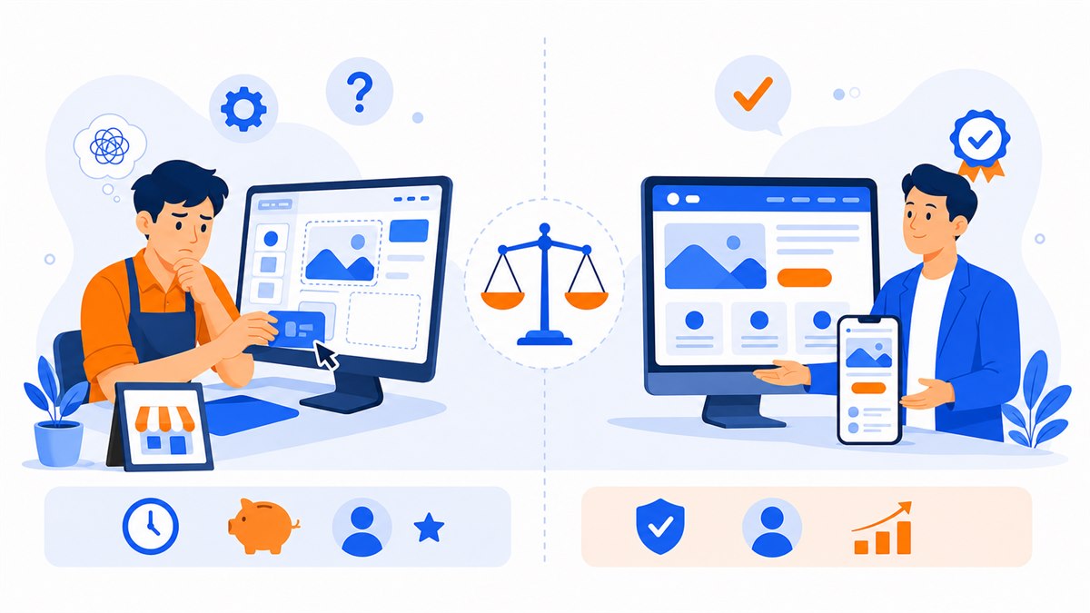 Minh hoạ so sánh tự làm website hay thuê thiết kế cho chủ cửa hàng nhỏ