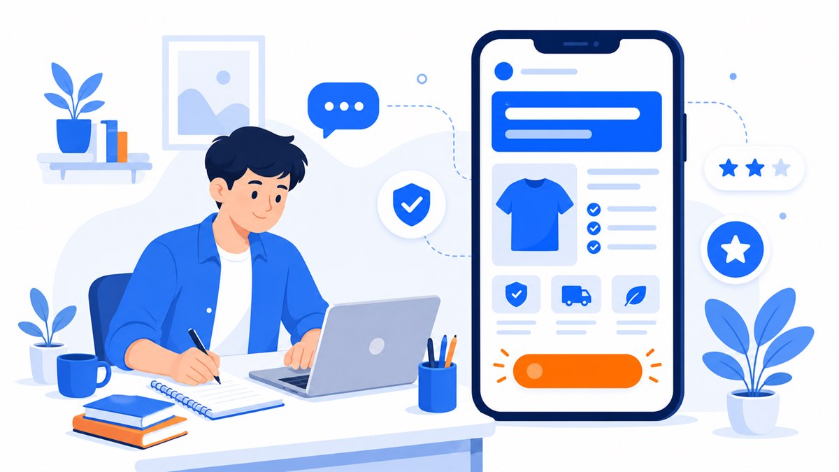 Minh hoạ viết nội dung landing page thuyết phục khách trên màn hình điện thoại