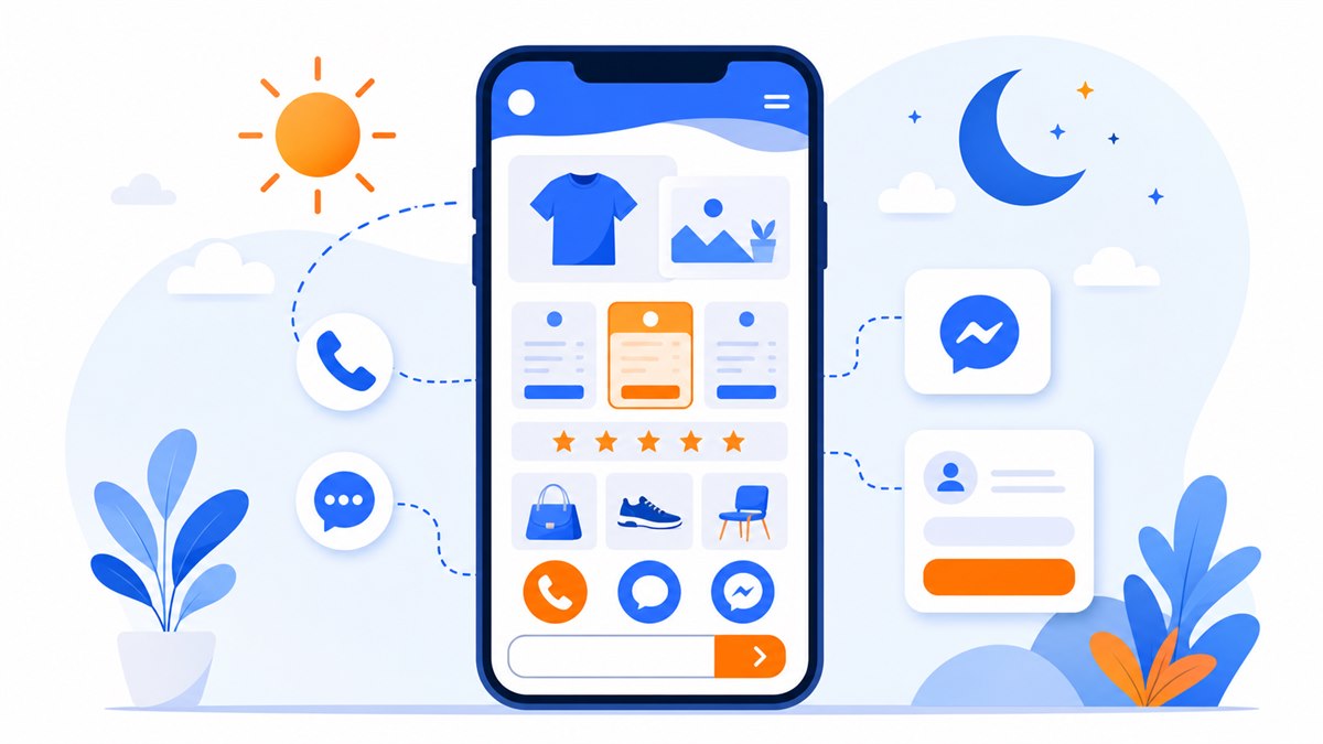 Minh hoạ website cửa hàng nhỏ chốt đơn cả ngày lẫn đêm với nút Zalo Messenger và form liên hệ
