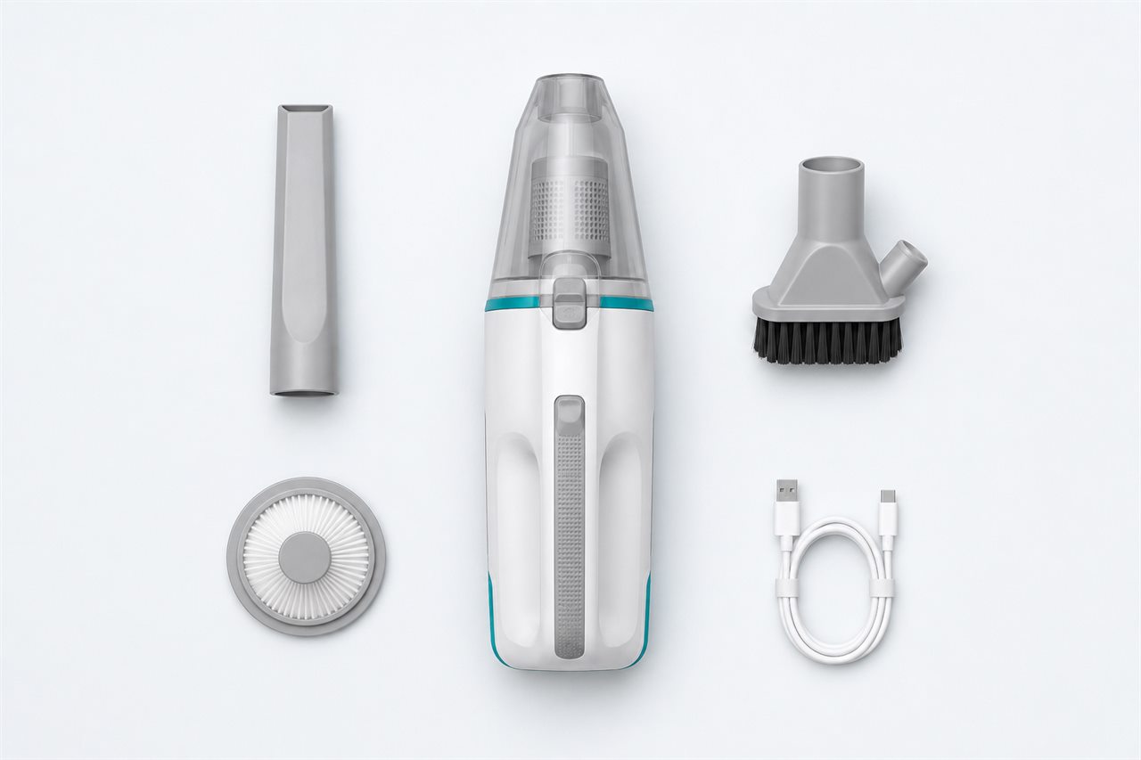Trọn bộ TurboVac X1: thân máy, 2 đầu hút, màng lọc và cáp sạc